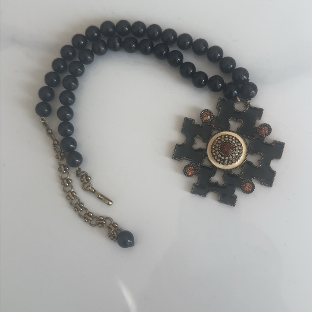 Heidi Daus Beaded Maltese Cross Necklace Black Orange Enamel Rhinestone Vintage